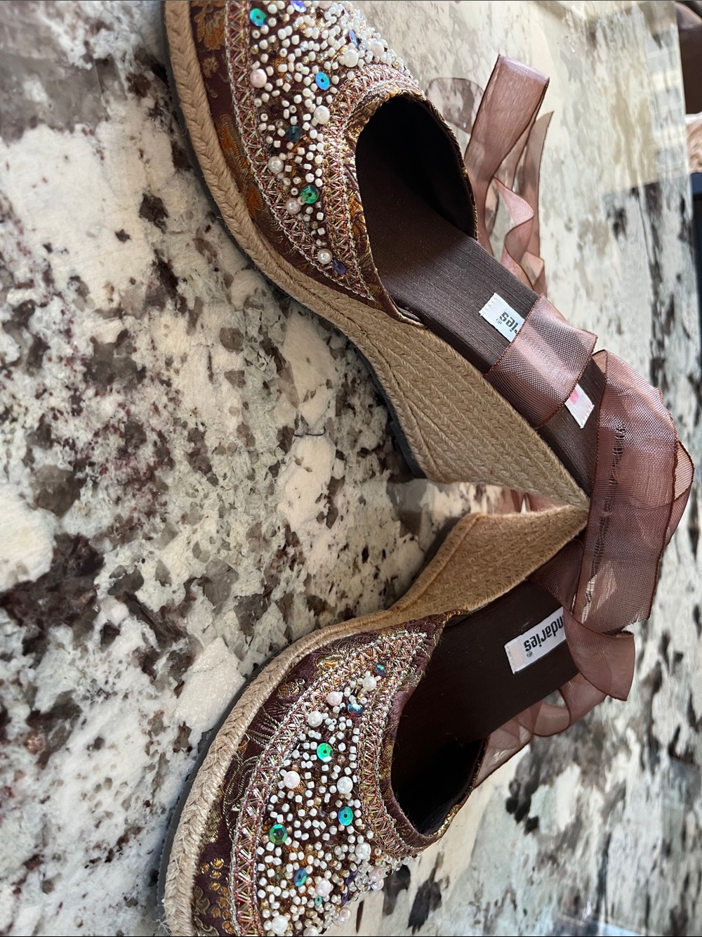 No Boundaries Brown Beaded Espadrille Flats with Ribbon Ankle Ties - Picture 3 of 4